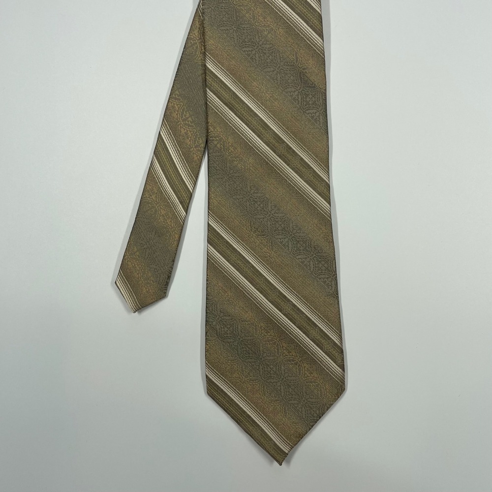Antonio Fellini Green Tan Striped Damask Silk Blend Necktie Mens OS